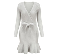 Sexy V Neck Knitted Dresses Women Long Sleeve