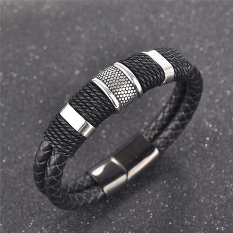 Fashion Black Braid Woven Leather Bracelet Titanium Stainless Steel Bracelet Men Bangle Men Jewelry Vintage Gift