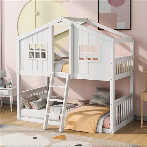 Bunk House Bed With Ladder, Wooden Bed - White