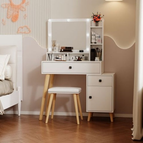 Dressing Table With Hollywood LED Mirror, Light Adjustable Brightness, Dressing Table, Padded Stool Set, White, Wooden Cosmetic Table With Drawer And Storage Cabinet