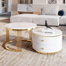 Modern 2-piece White Circular Nested Coffee Table With Drawers, 27.6 Inches