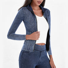 Slim Zippered Yoga Denim Jacket With Pockets High Collar Sports Fitness Outerwear Tops Coat For Women Clothing